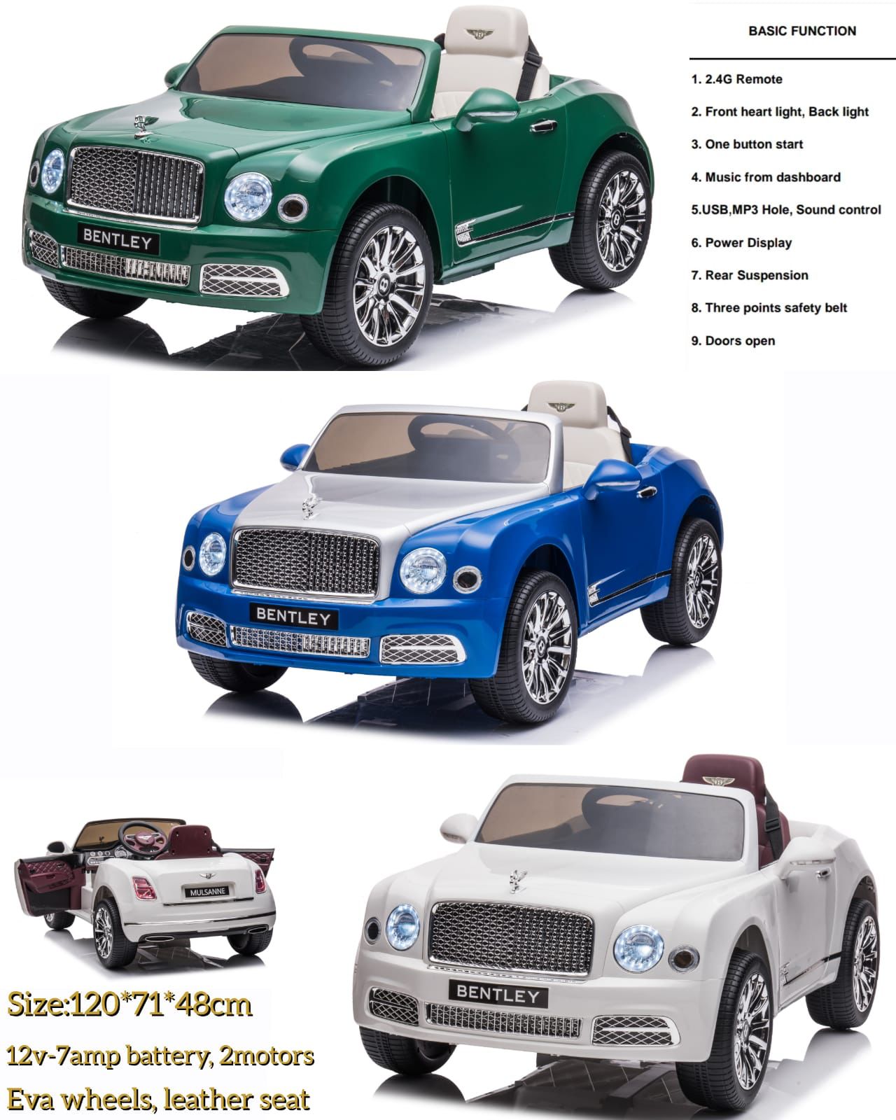 LOVELY BABY Bentley - Battery Operated Car - 12V 7AMP Battery - TWO Motor - Eva Wheels - Leather Seats